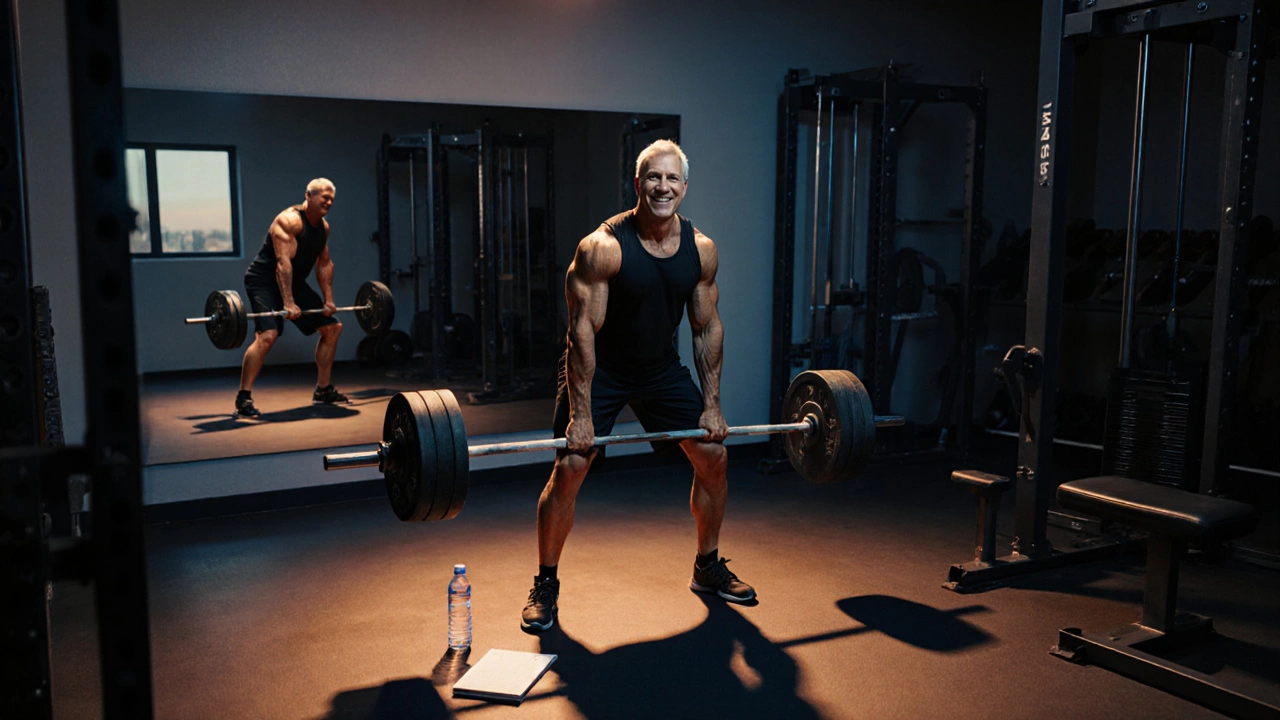 Man lifting barbell in gym at dusk, mirror reflecting his past self, showing six-month progress.
