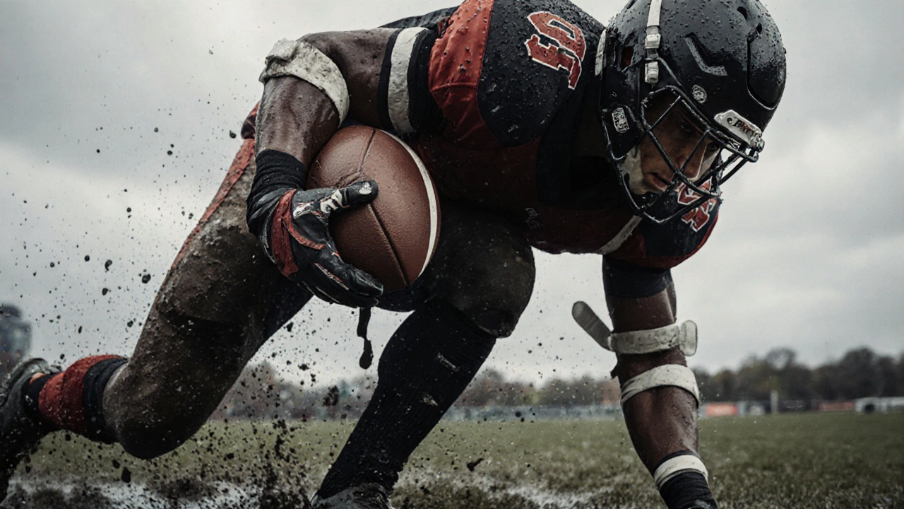 Rugby player in protective gear mid-tackle on a muddy field, gear absorbing impact.