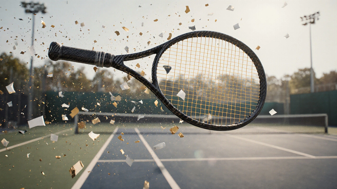 Tennis racket in motion with visual indicators of weight balance and customization elements.