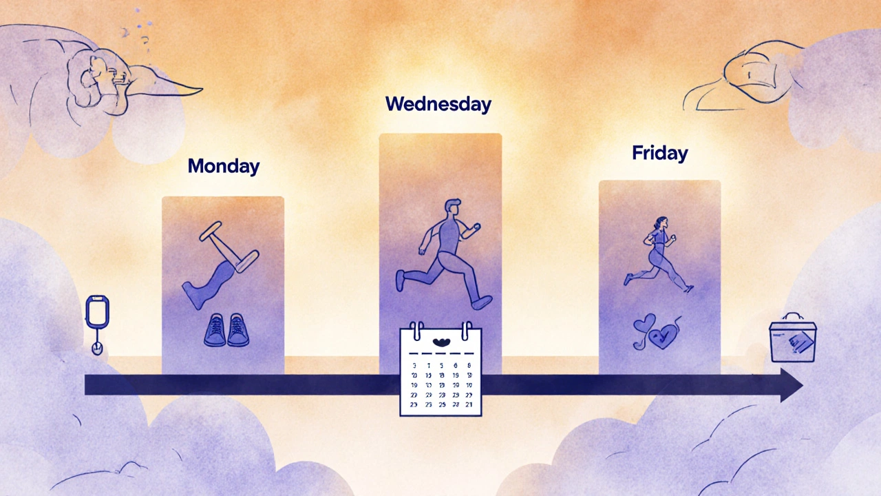 Three colored pillars representing weekly workout days rising from a calendar with fitness icons.