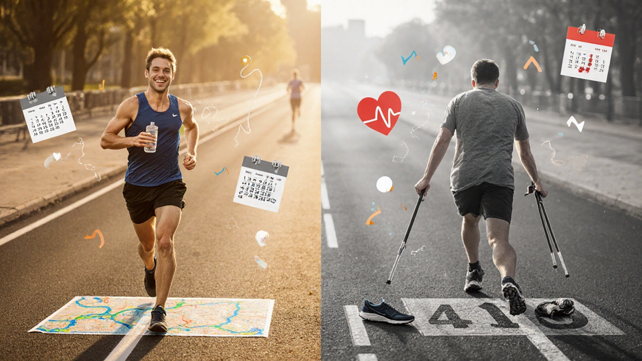 Two paths at a marathon start: one prepared and confident, the other chaotic and injured.