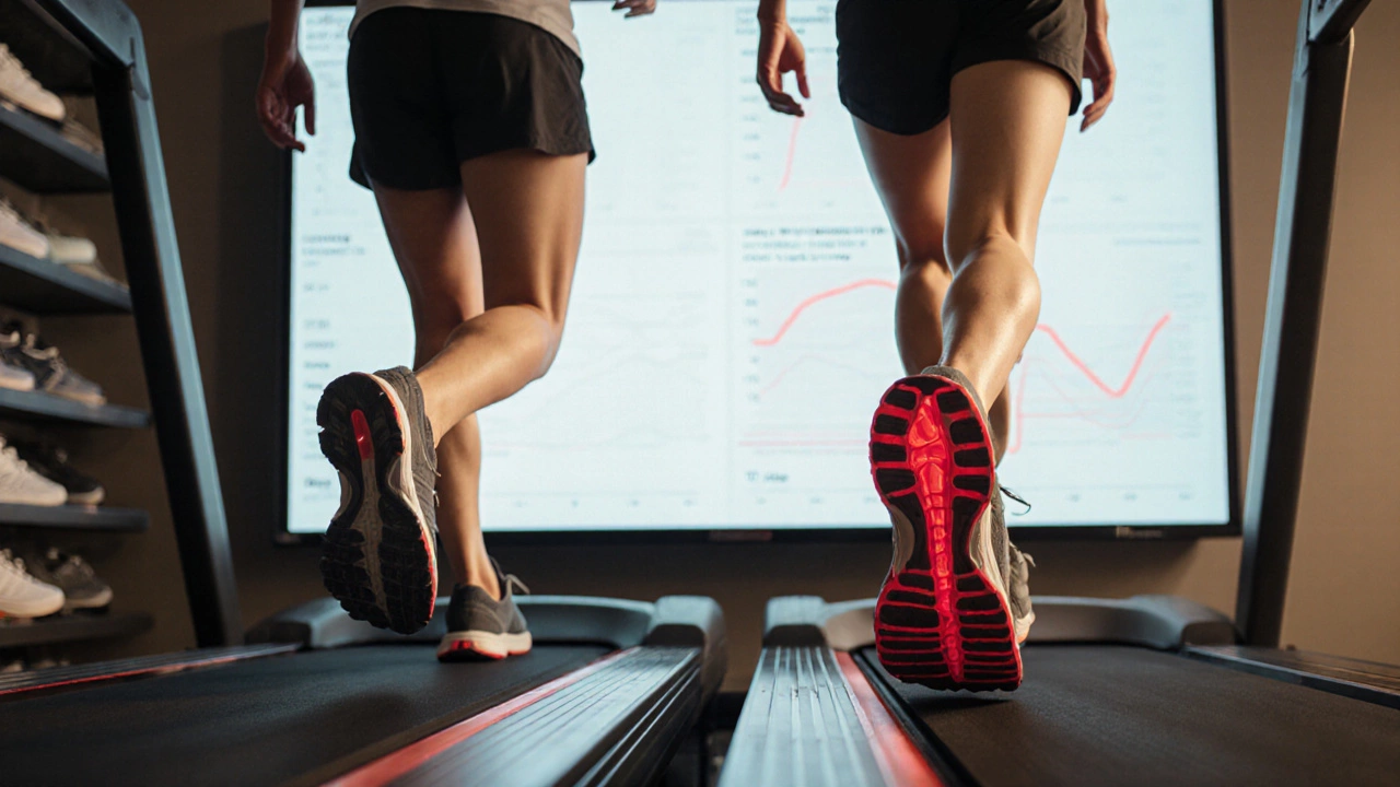 Two runners on treadmill with mismatched shoes, biomechanical stress visualized side by side.