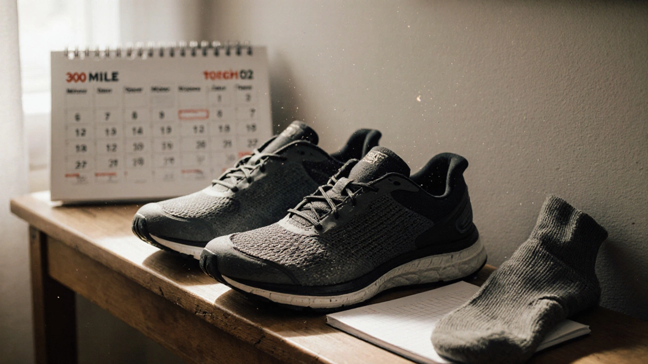 Worn and new running shoes beside mileage log, symbolizing when to replace footwear.