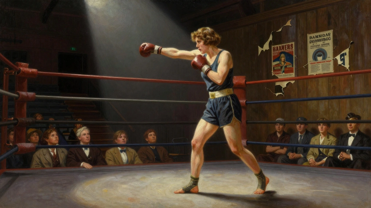 A 1920s woman boxer throwing a punch in a dimly lit ring, spectators watching, vintage banners of bans visible.
