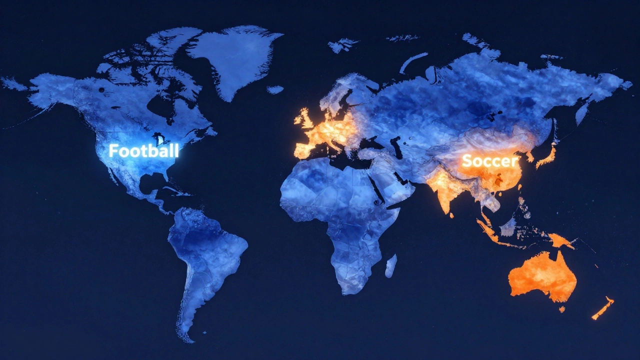 A glowing world map showing regions where the sport is called football versus soccer, with player silhouettes in each area.