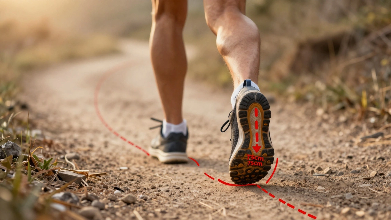 A runner with floating red lines showing 75cm of foot slide inside shoes too large during a 10K run.