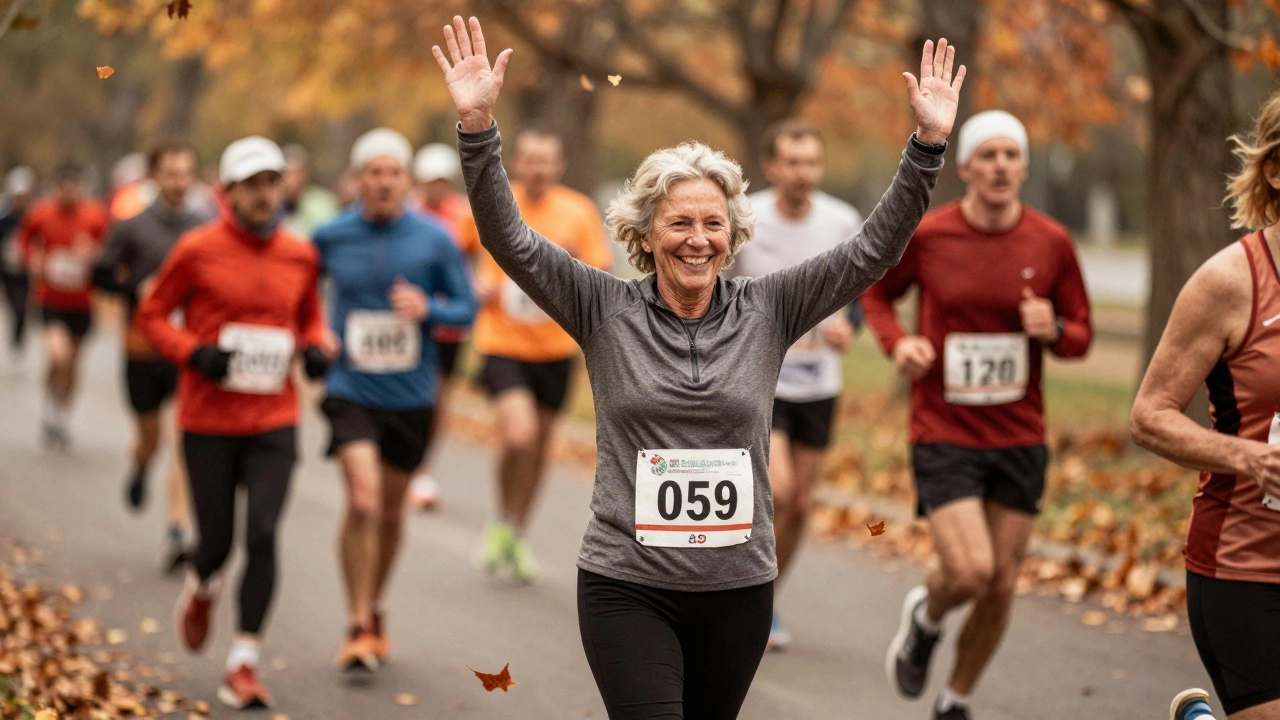 An older woman smiling after finishing a 10K race, autumn leaves around her.