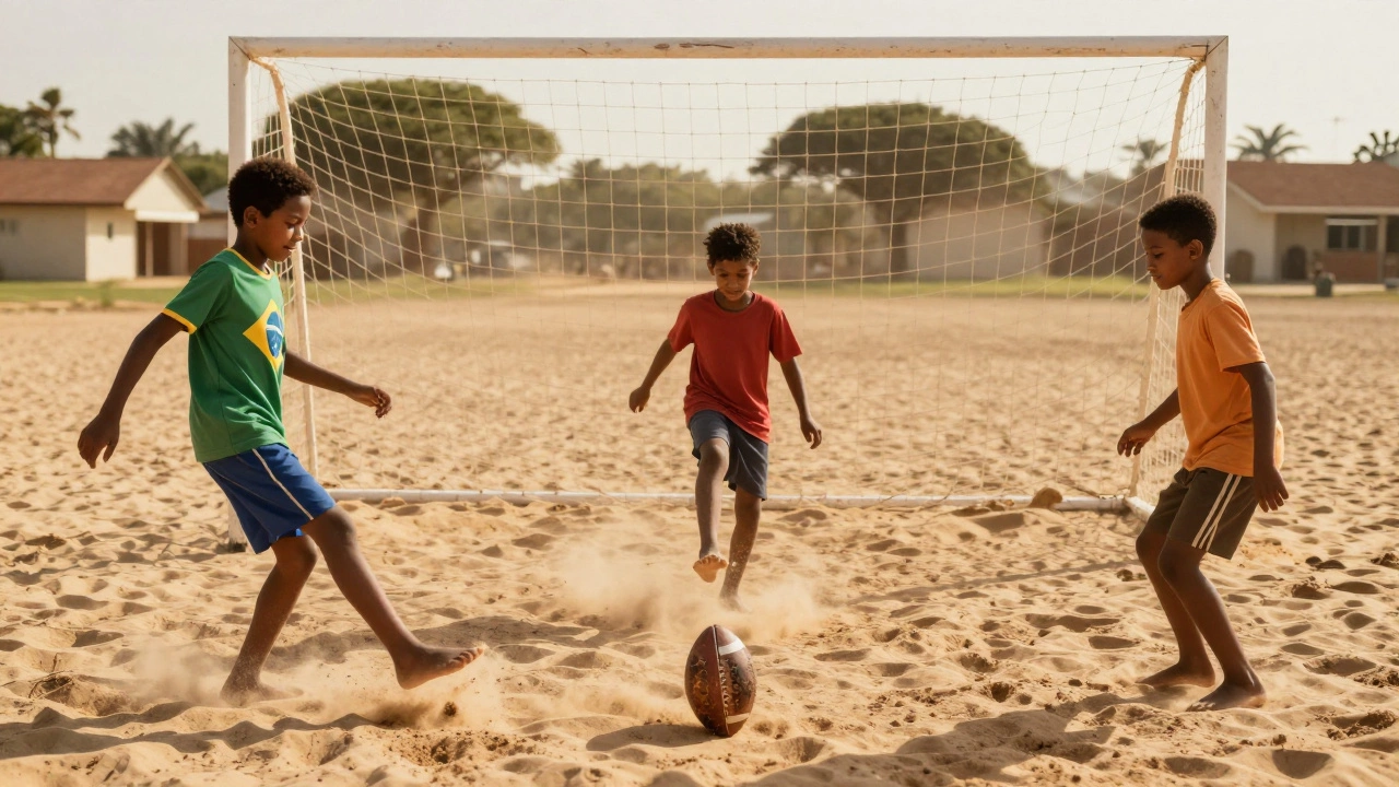 Children from Brazil, Nigeria, and the U.S. kick the same ball toward a goal, united by the game under golden sunlight.