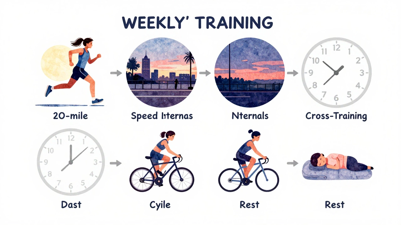 Circular training schedule illustration showing weekly runs, long distances, and rest days with pace markers.