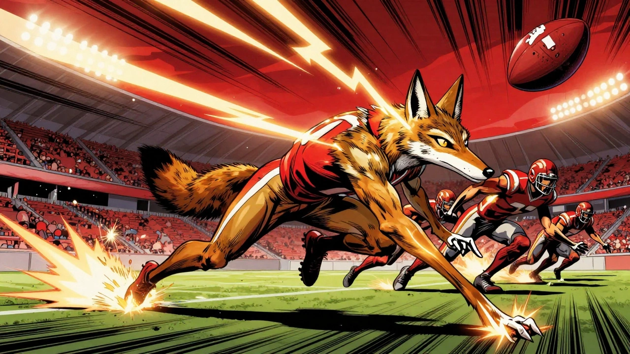 Comic-style rugby jackal reaching for the ball mid-breakdown with motion lines and dramatic lighting.