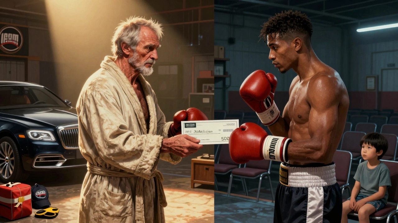 Contrasting scenes: a retired boxer receiving a large check versus a local fighter accepting a small payment in a quiet community center.