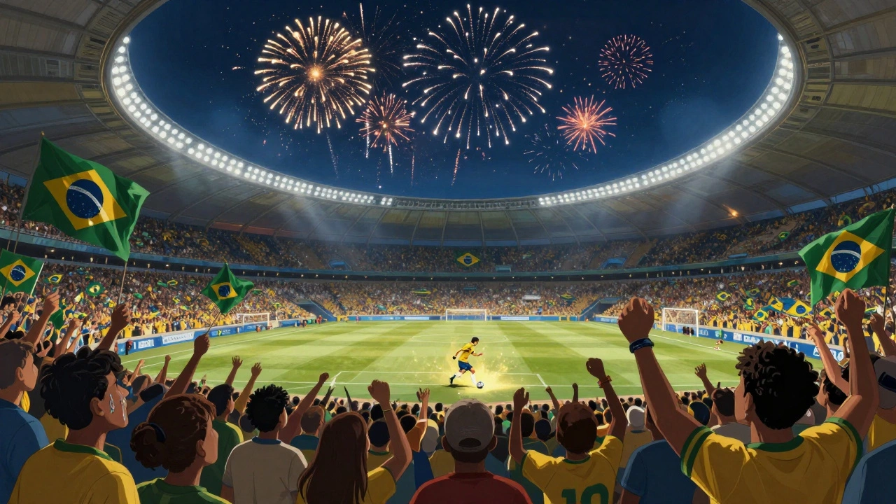 Crowd cheering at a night World Cup final in Maracanã Stadium with fireworks.