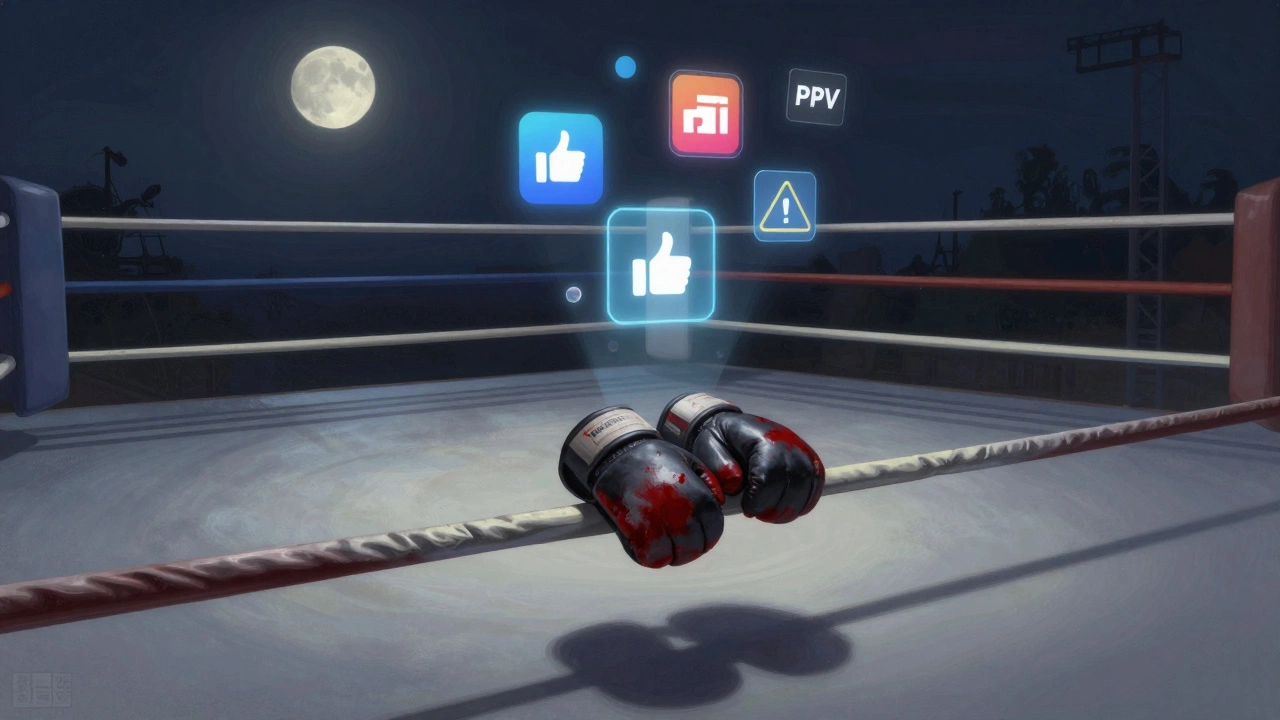 Empty boxing ring with blood-stained gloves and floating digital icons representing revenue, sponsors, and health risks.