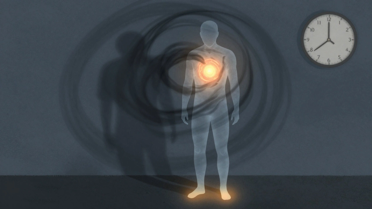 Figure with fading energy core surrounded by shadows of stress and fatigue.
