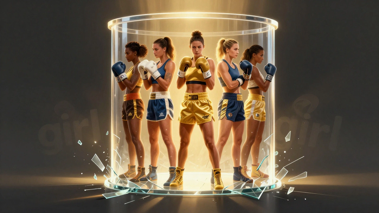 Five legendary female boxers standing tall in a glass ring as the word &#039;girl&#039; shatters below them, glowing with light.