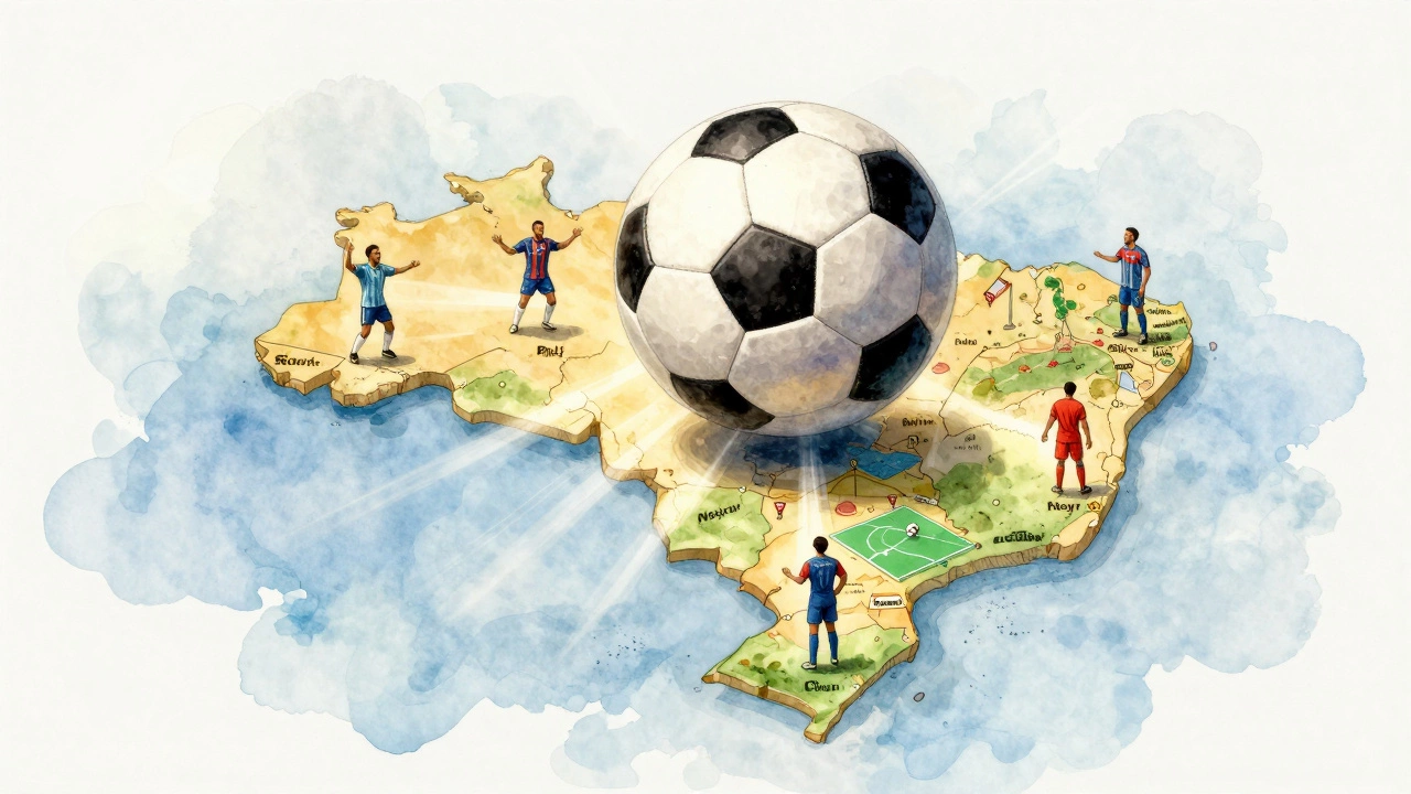 Football floating above Brazil with legendary players emerging from cities.