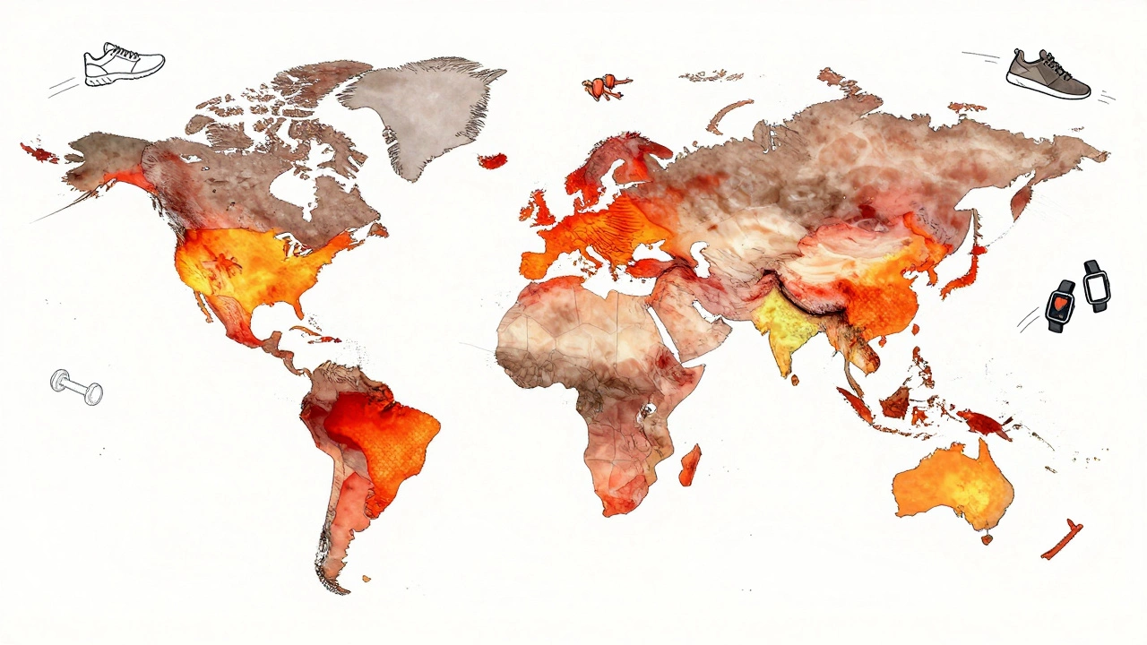 Glowing global map showing fastest-growing sports equipment markets in Asia and Latin America.