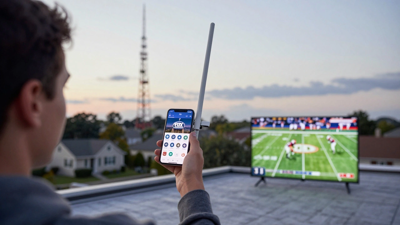 Person adjusting antenna on rooftop as football game plays on TV