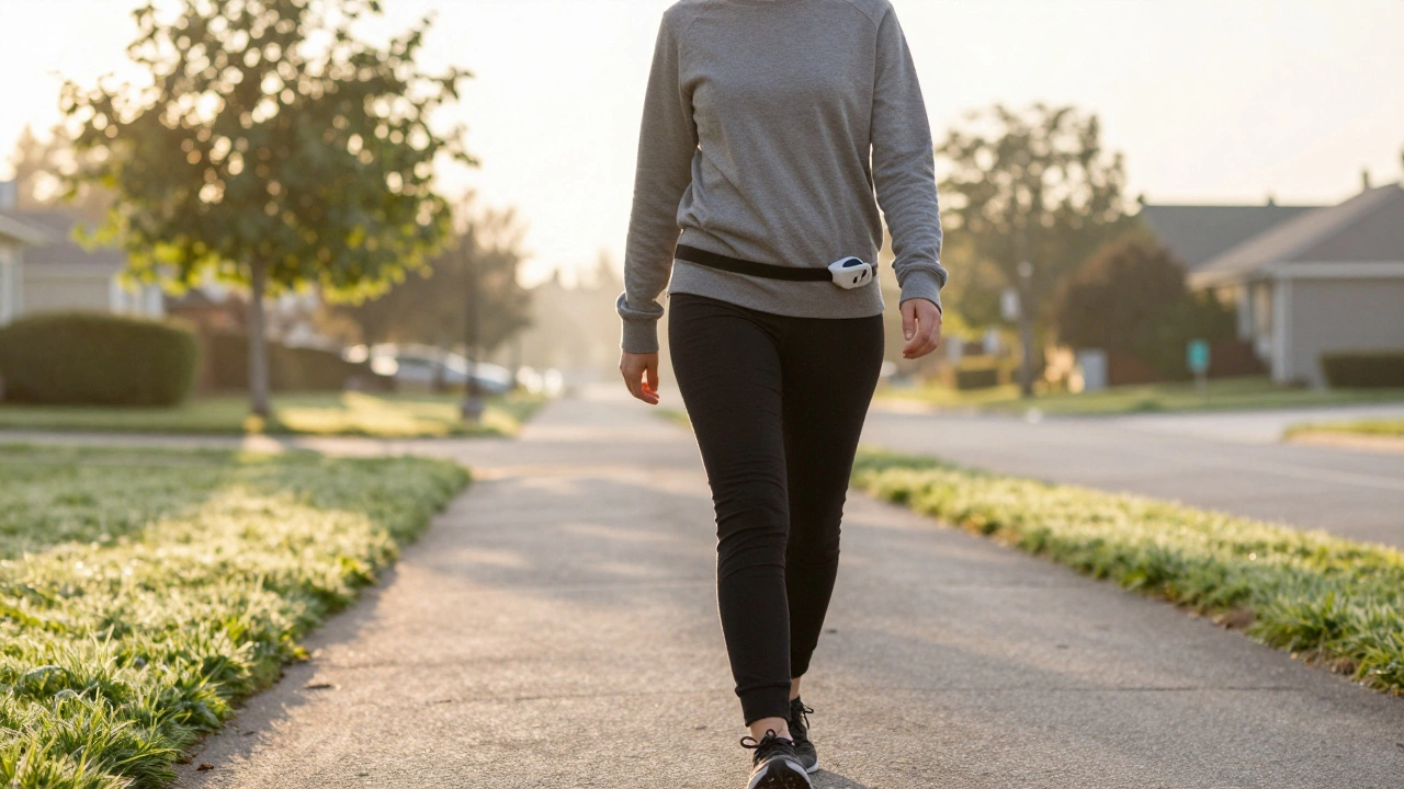 Person walking peacefully at dawn, calm and steady, in a quiet neighborhood.