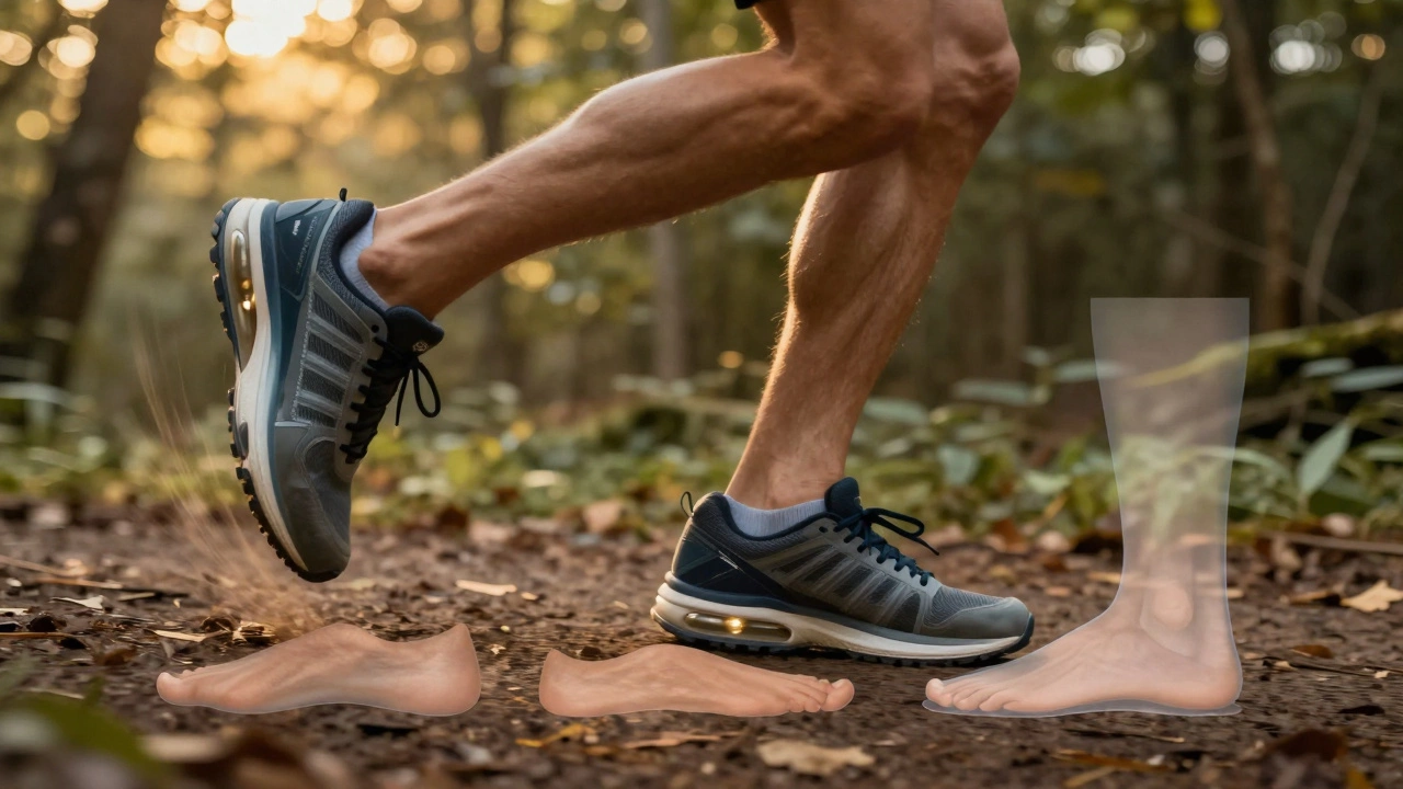 Runner on trail with translucent arch type overlays beneath their feet.