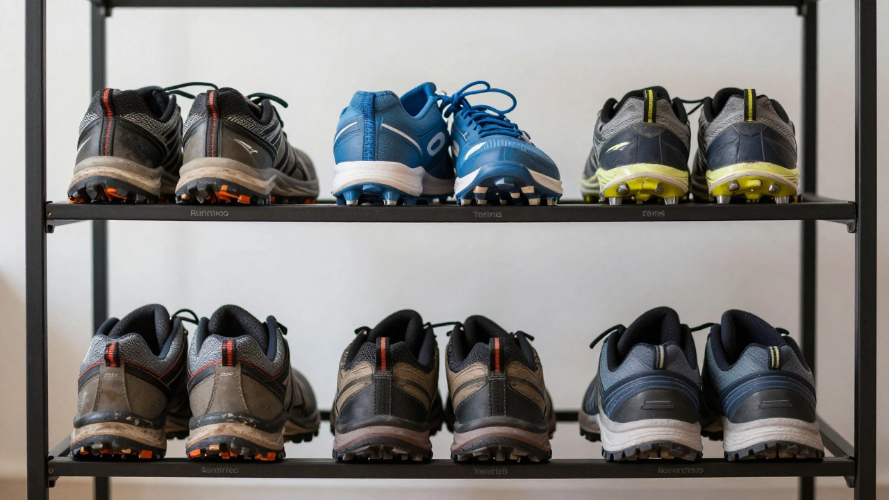 Seven types of sports footwear arranged by activity, showing distinct sole designs and wear patterns.