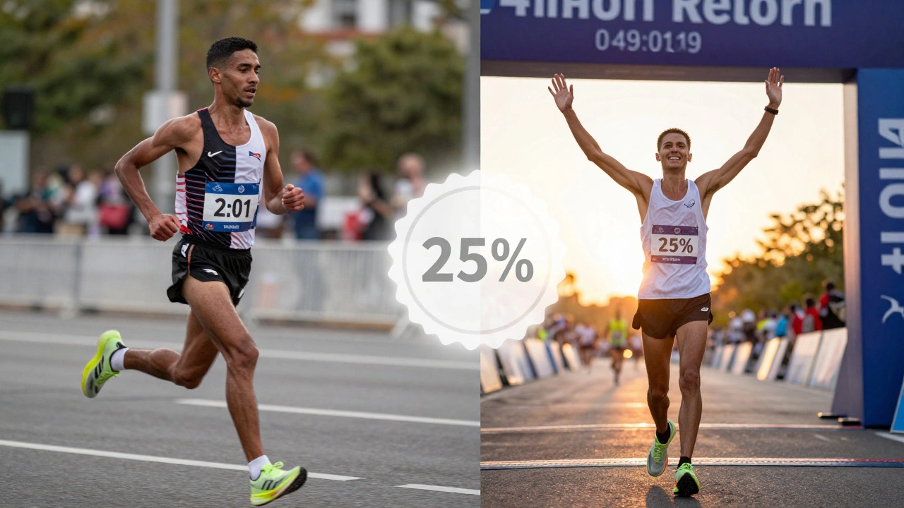 Split-screen: elite runner on left, everyday runner crossing finish line on right, with percentile badge between them.