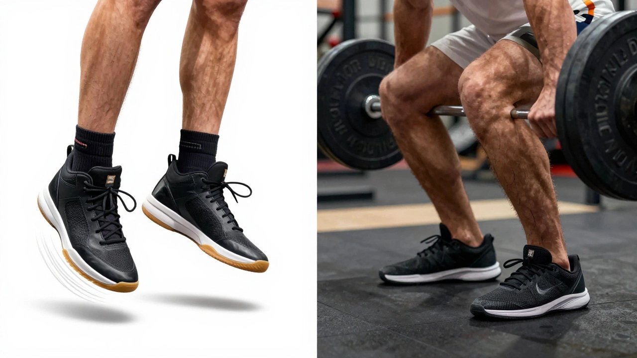Split-screen illustration comparing basketball shoes and cross-trainers for different sports.