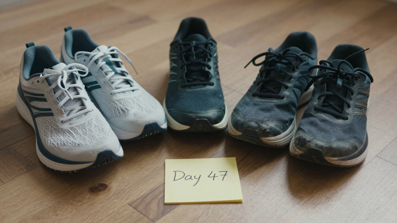 Three worn running shoes beside a note marked 'Day 47' on a wooden floor.