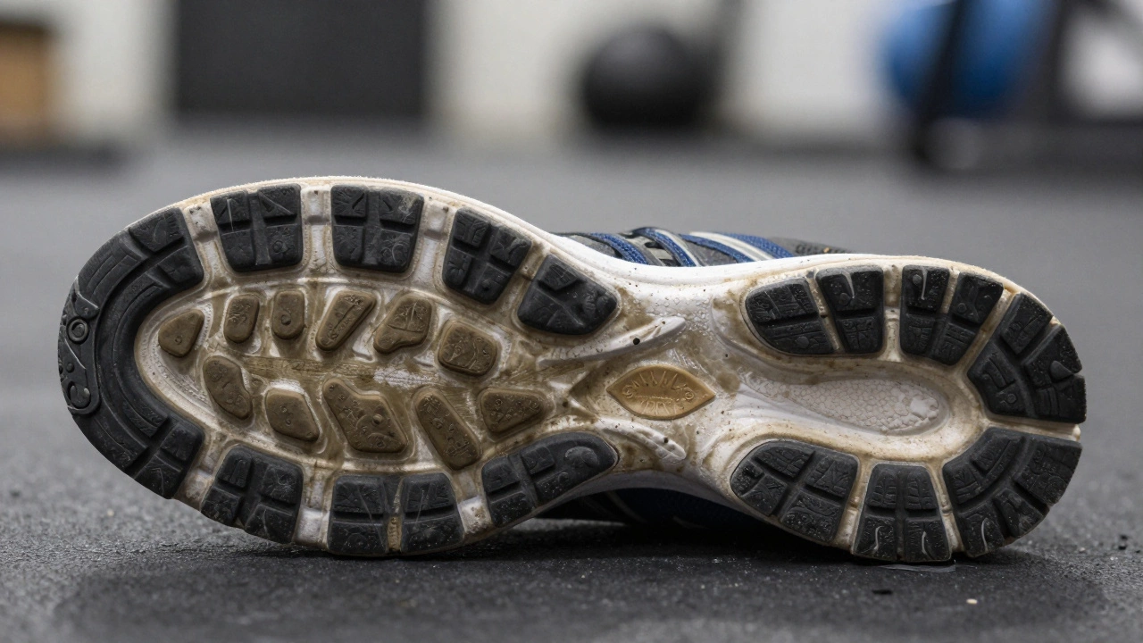 Worn running shoe sole with heavy inner edge wear, showing signs of overpronation.