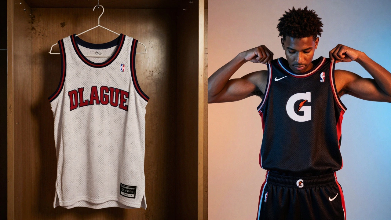 A faded D-League jersey next to a modern G League uniform, symbolizing the league's transformation from obscurity to prominence.