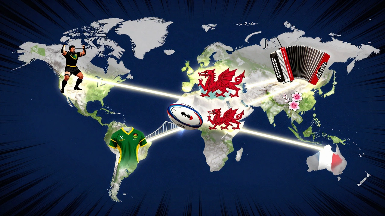 A symbolic world map with glowing connections between rugby nations, a rugby ball transforming into a bridge between cultures.