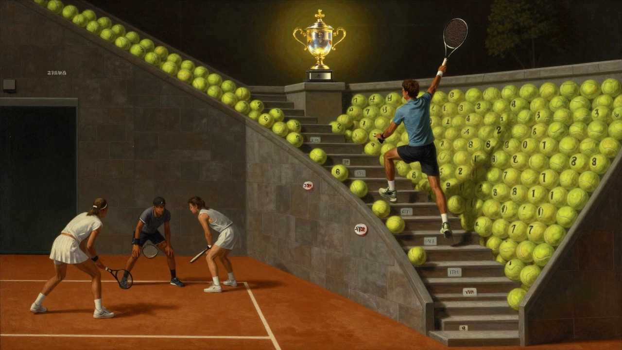 A tennis player ascending a staircase made of ranking points and tennis balls toward a glowing trophy.