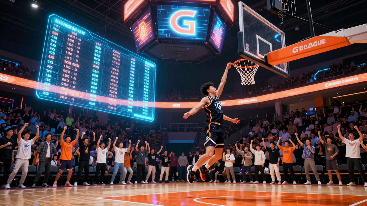 A young G League player dunking in a futuristic arena with holographic stats and a glowing G logo above the scoreboard.