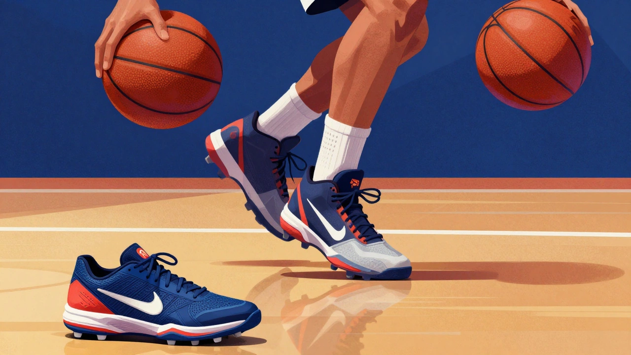 Basketball player jumping with high-top shoes while generic sports gear lies discarded on the court.