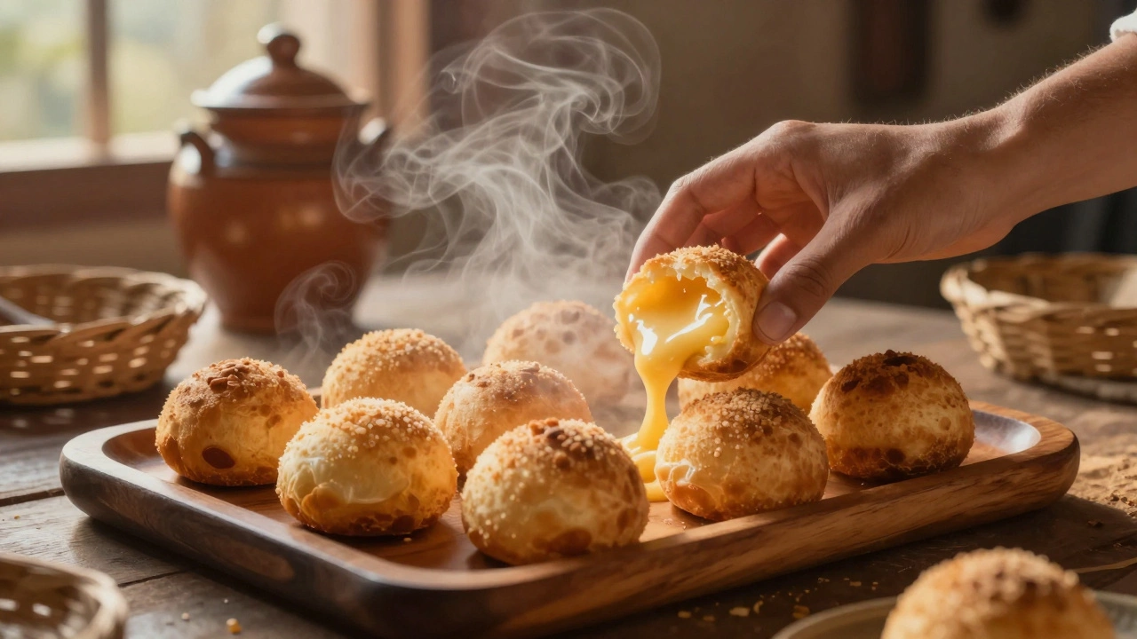 Freshly baked pão de queijo with melted cheese inside, steaming on a wooden tray.