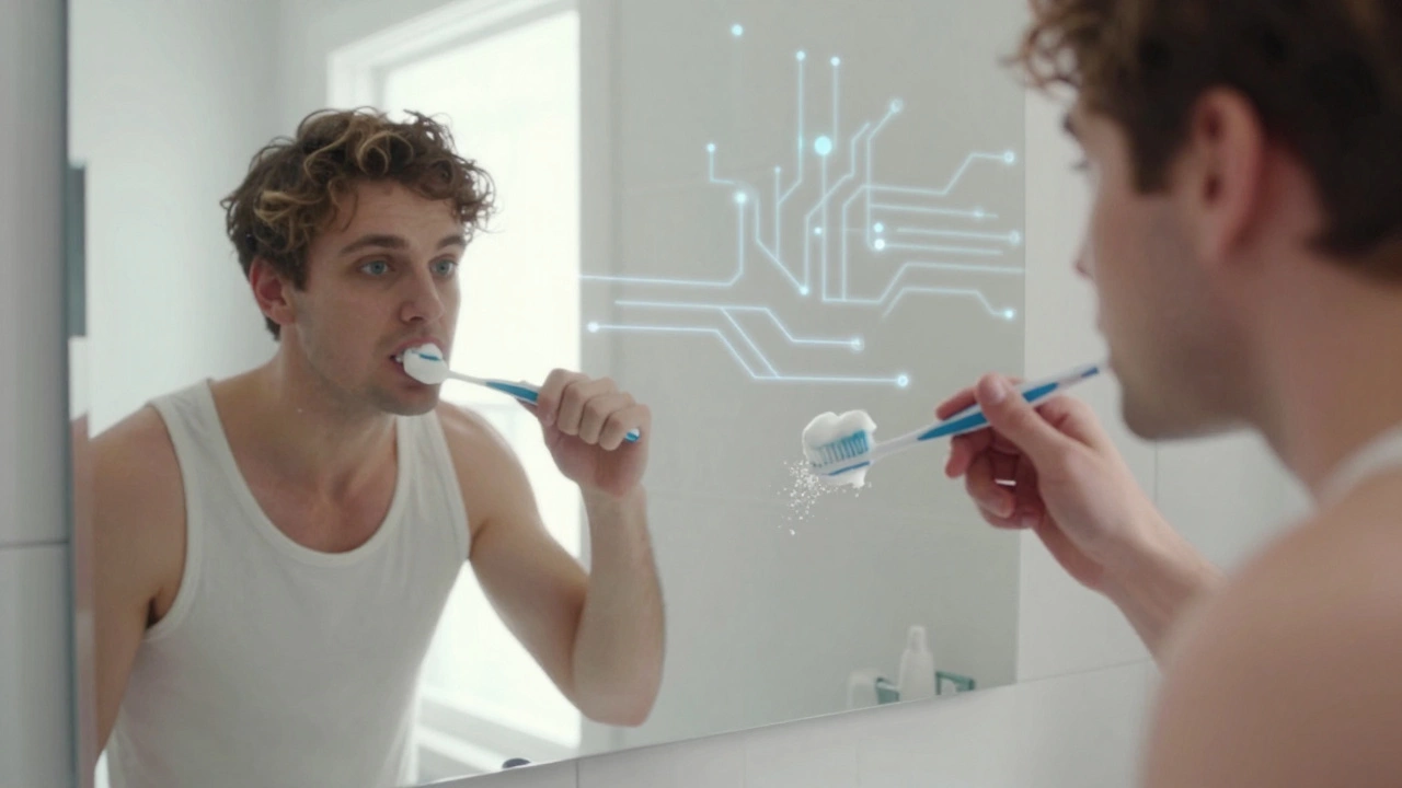 Hand brushing teeth with non-dominant hand, morning light, neural pathways glowing faintly.