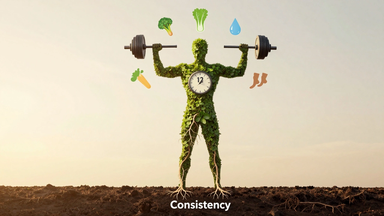 Human silhouette made of plants and weights, symbolizing holistic transformation over time.