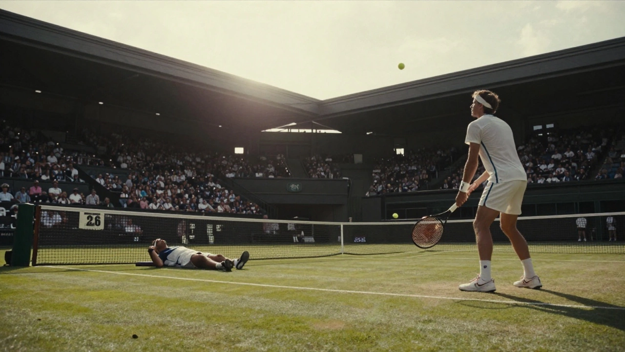 Isner celebrates with an ace to end the 8-hour tennis point, Mahut reaching desperately as the ball flies past.