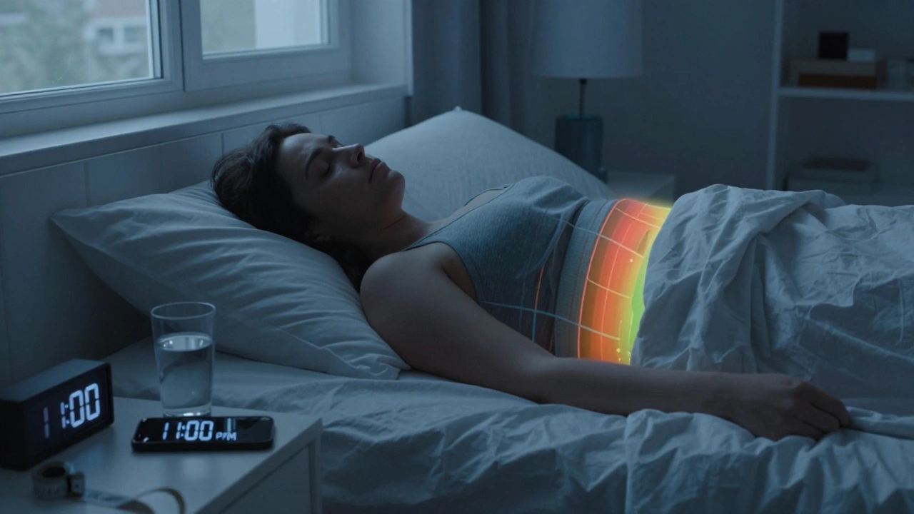 Person sleeping peacefully at night, cool room, tape measure and water on nightstand.