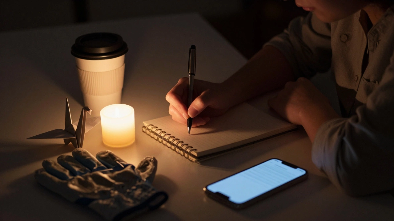 Person writing in notebook at night, origami crane and gloves nearby, phone face down.
