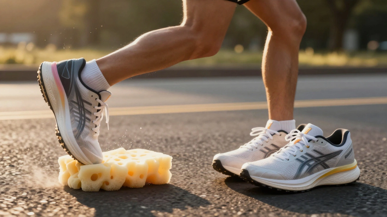 Runner in motion with transparent view of collapsing foam cushioning inside shoes.