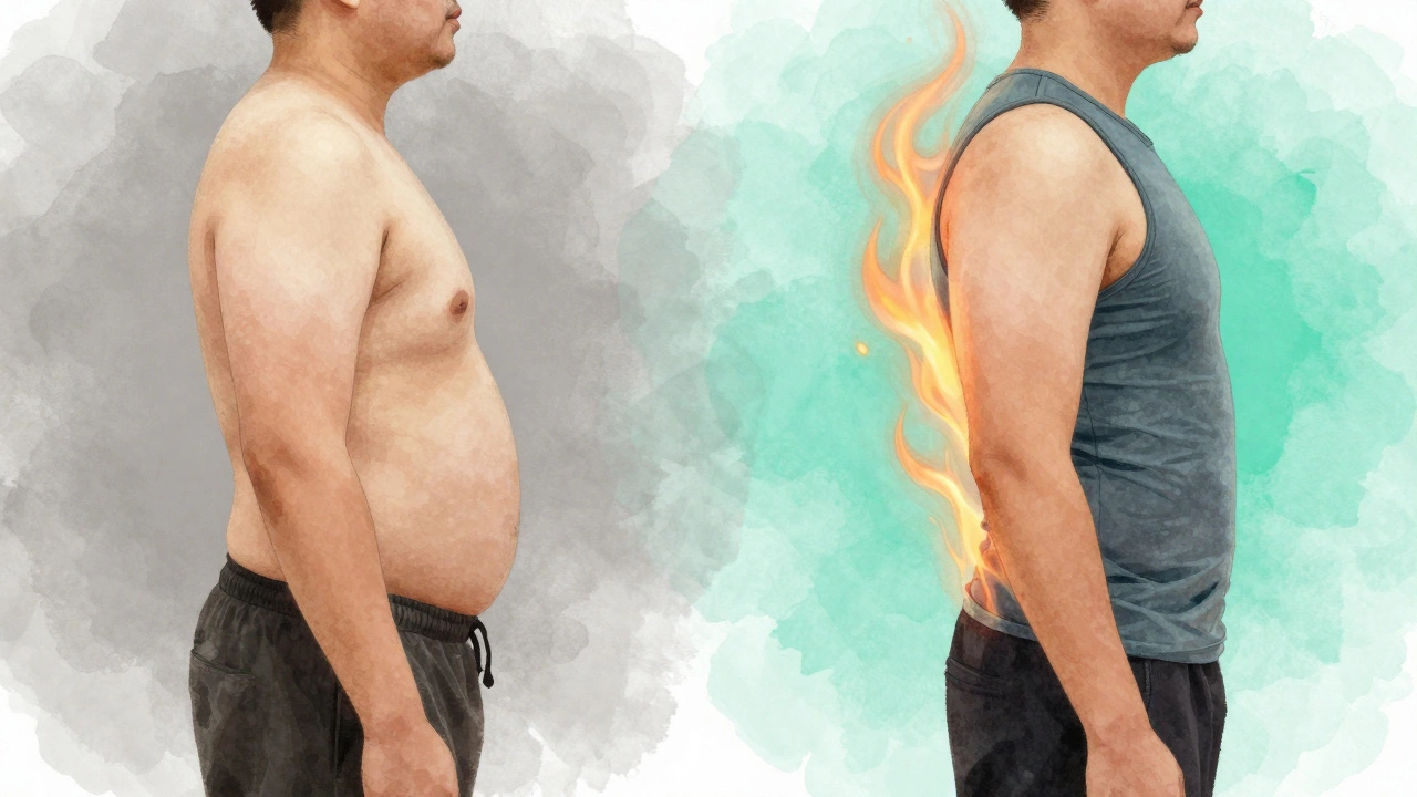 Side-by-side visual of body transformation from week 1 to week 6 with improved muscle definition.