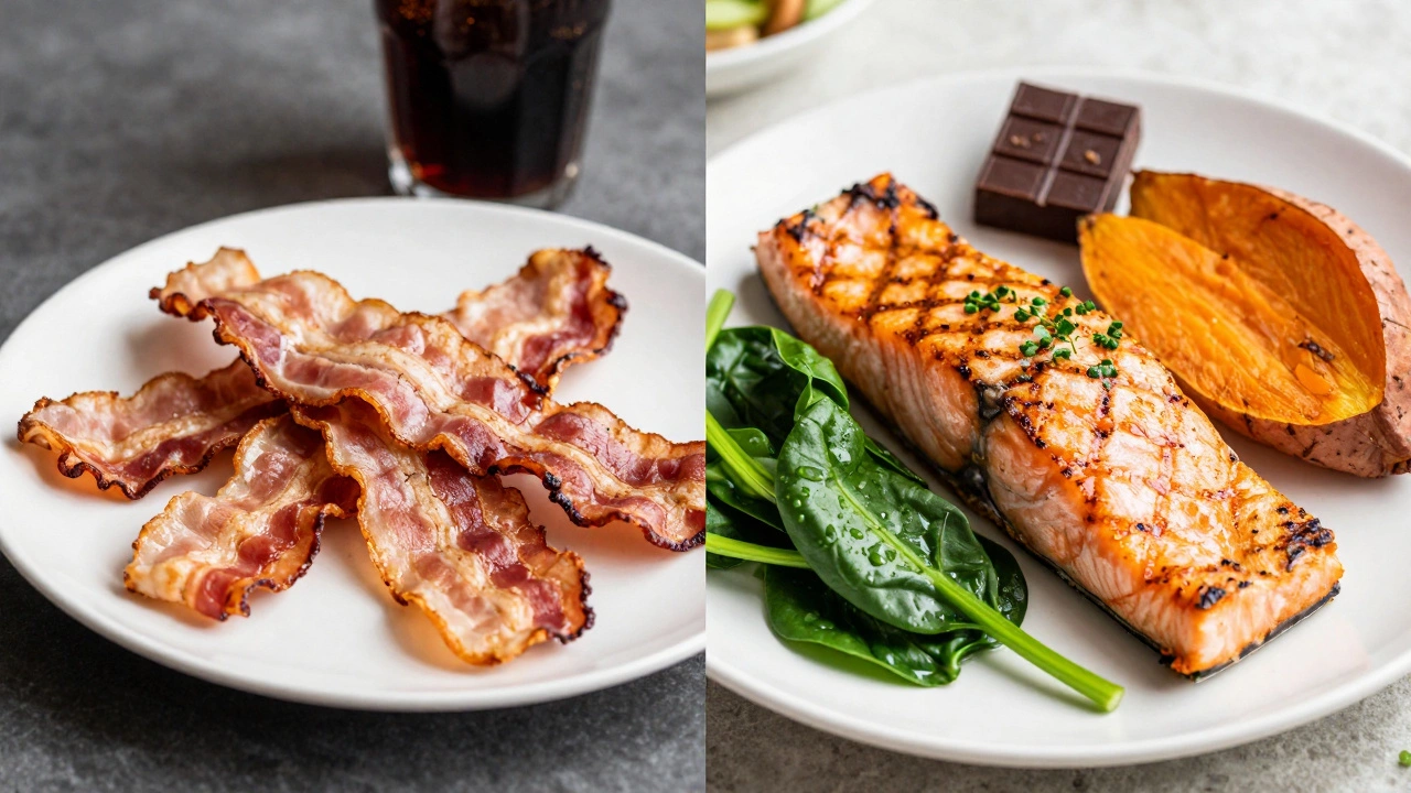 Split image: unhealthy fried food vs. vibrant stamina meal with salmon and dark chocolate.