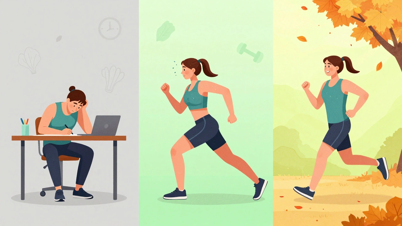 Split-panel visual showing a person's fitness journey from sedentary to active over three months.