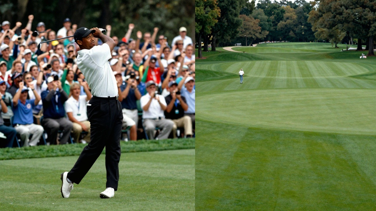 Split-screen: Tiger Woods in his prime on the left, quiet empty course on the right.