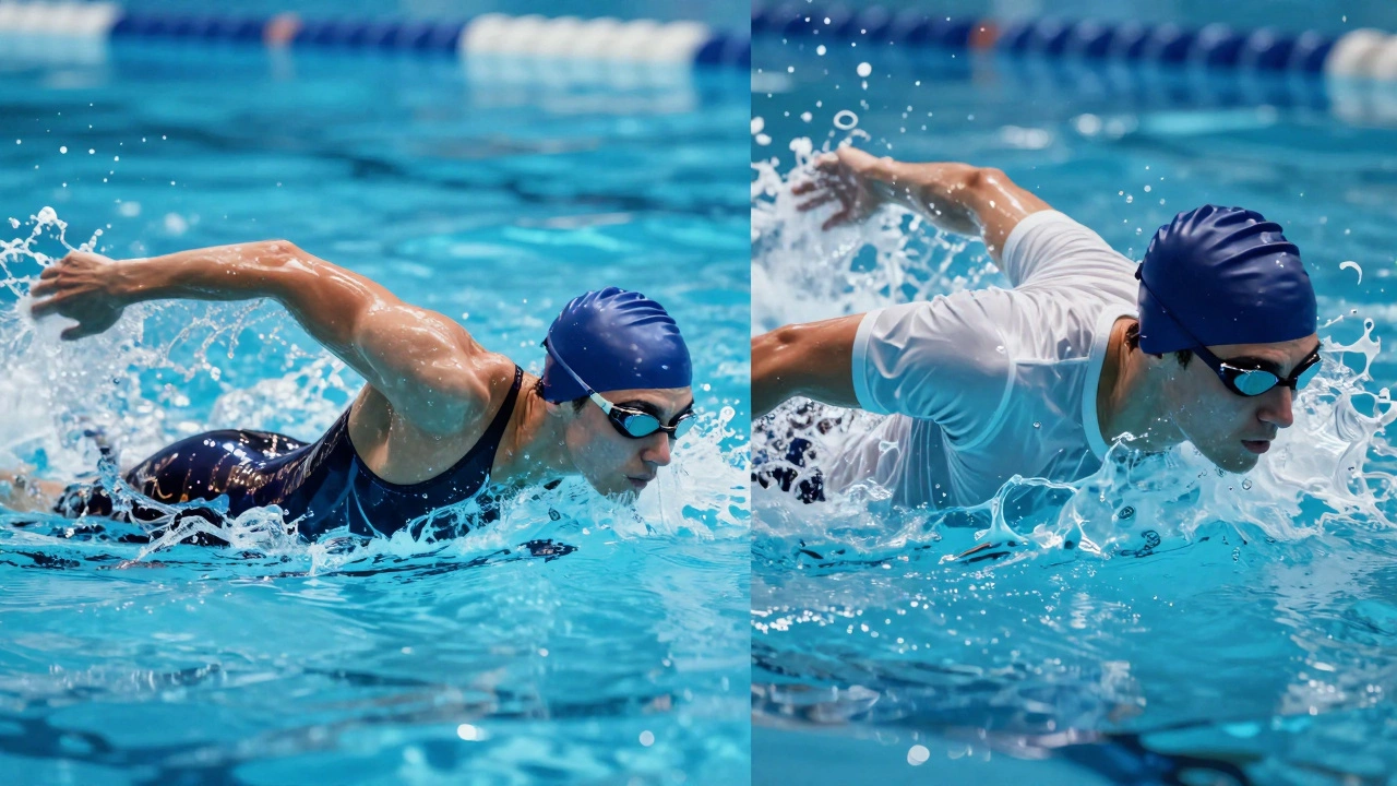 Swimmer in speedsuit versus cotton attire, showing water resistance differences in a split-frame visual.