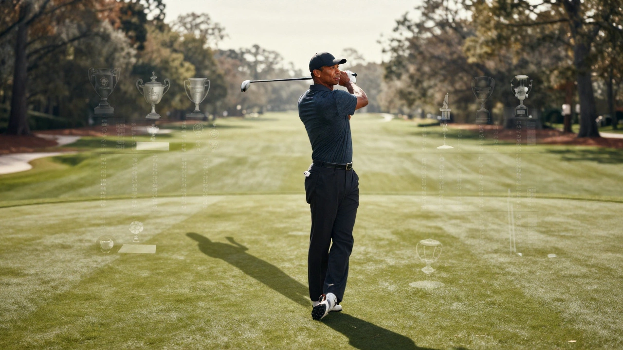 Tiger Woods' silhouette at Augusta National, fading trophies dissolving into mist around him.
