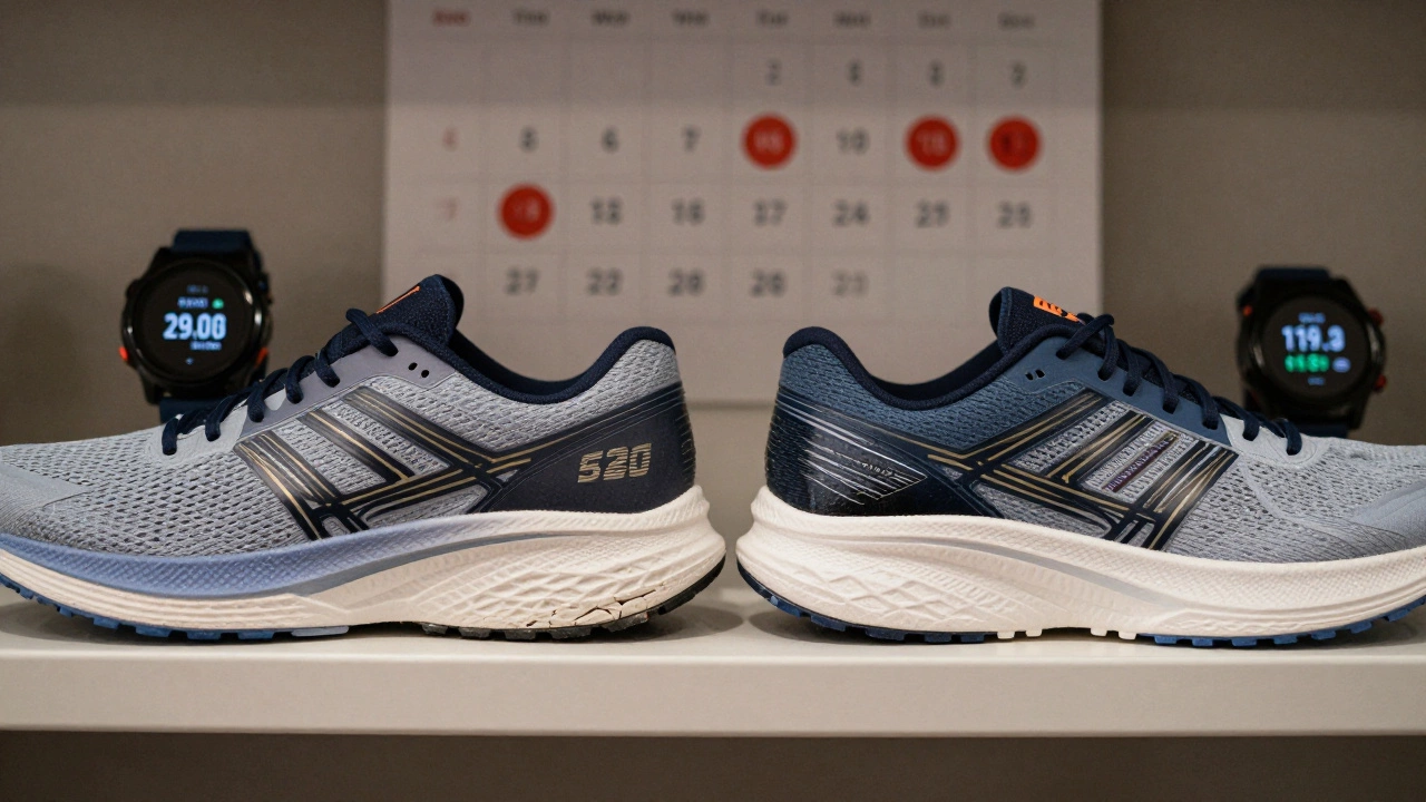 Two running shoes side by side: one aged with 520 miles, one new, on a shelf with mileage stats.