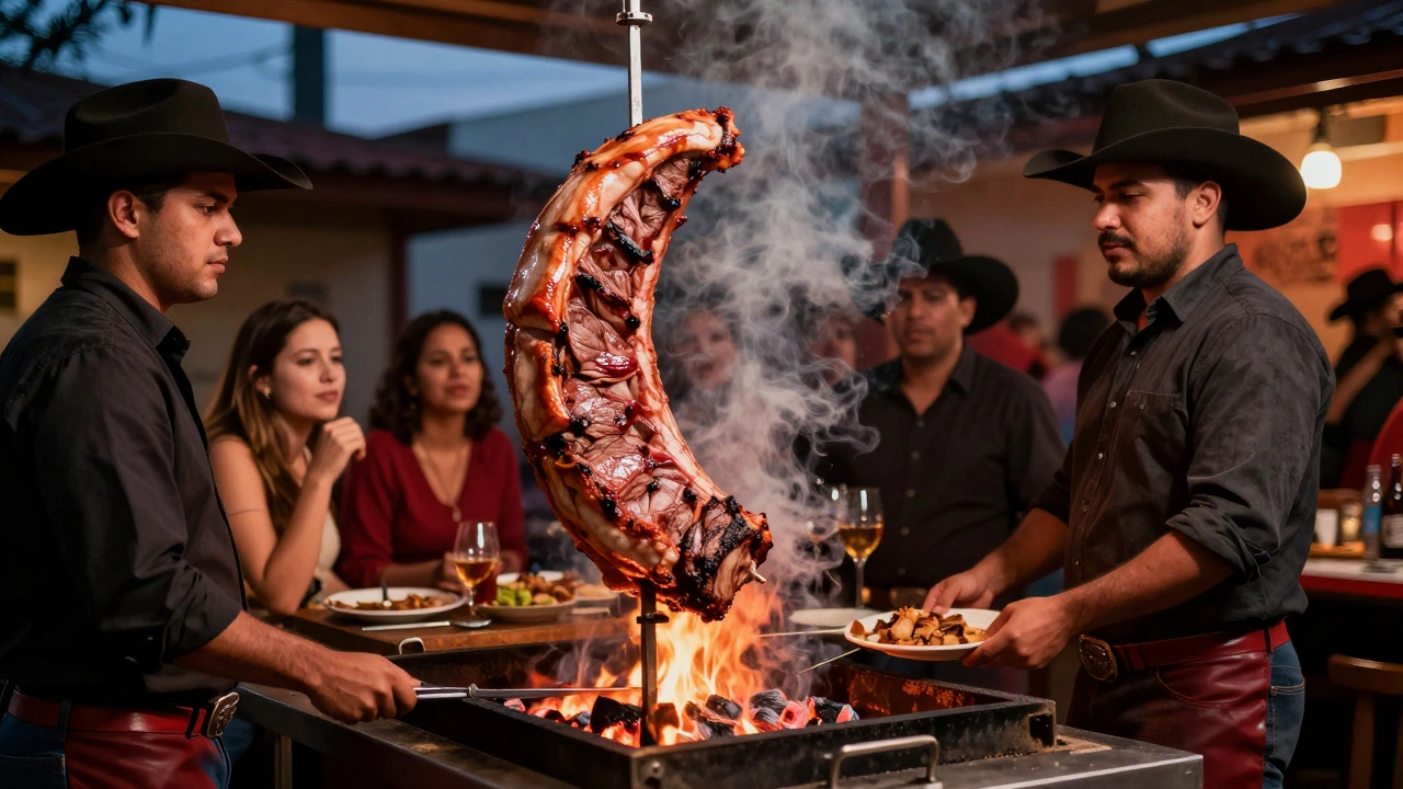Waiter carrying a large skewer of smoky churrasco meat over an open charcoal grill.