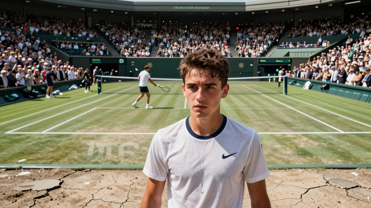 Young player on a humble court with a translucent vision of them winning Wimbledon in the background.